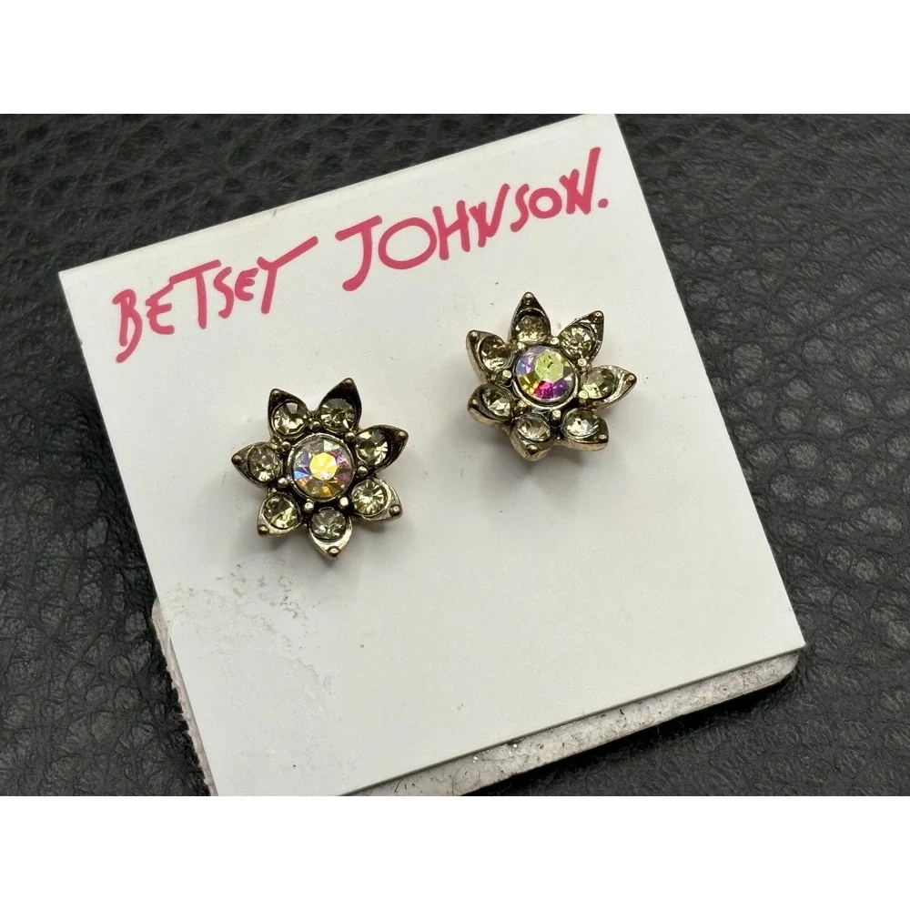 Betsey Johnson Gold Tone Aurora Borealis Crystal Flower Stud Earrings